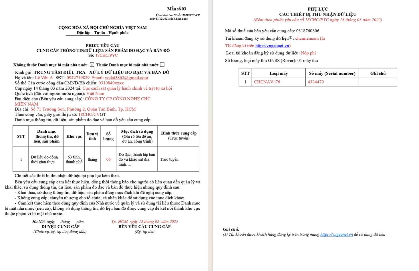 Hướng dẫn đăng ký tài khoản trạm Cors Cục Đo đạc Bản đồ Phieu yeu cau cung cap thong tin